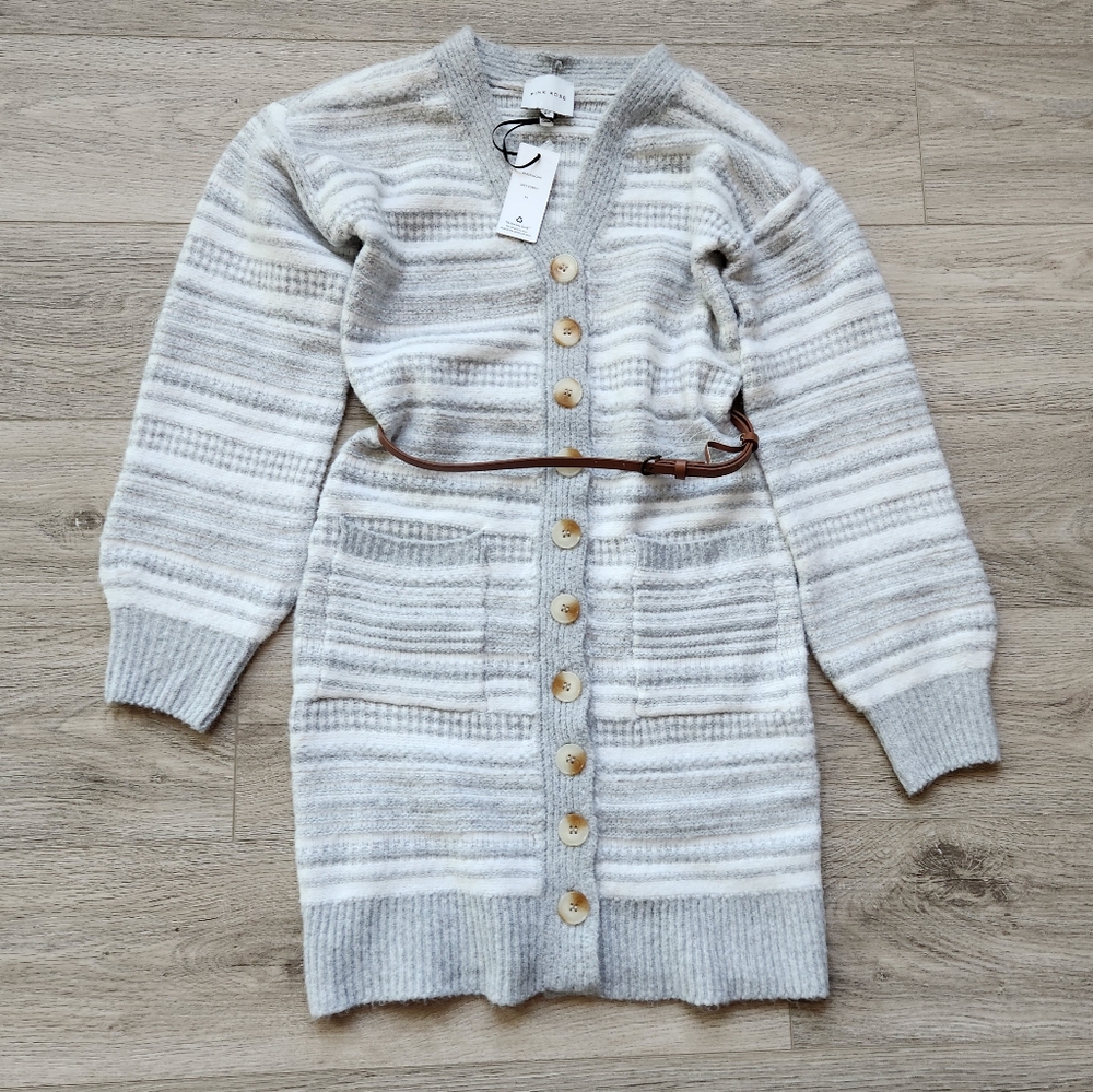 Pink Rose Gray Sweater Stripe Dress Womens Xs Long Sleeve Soft Button Belted Nwt